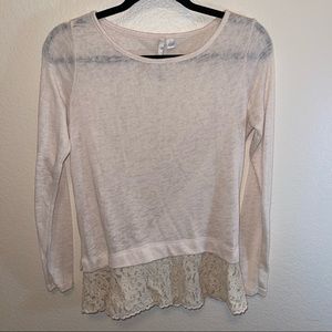 LC Lauren Conrad Cream Mixed Media Lace Peplum Round Neck Sweater Small